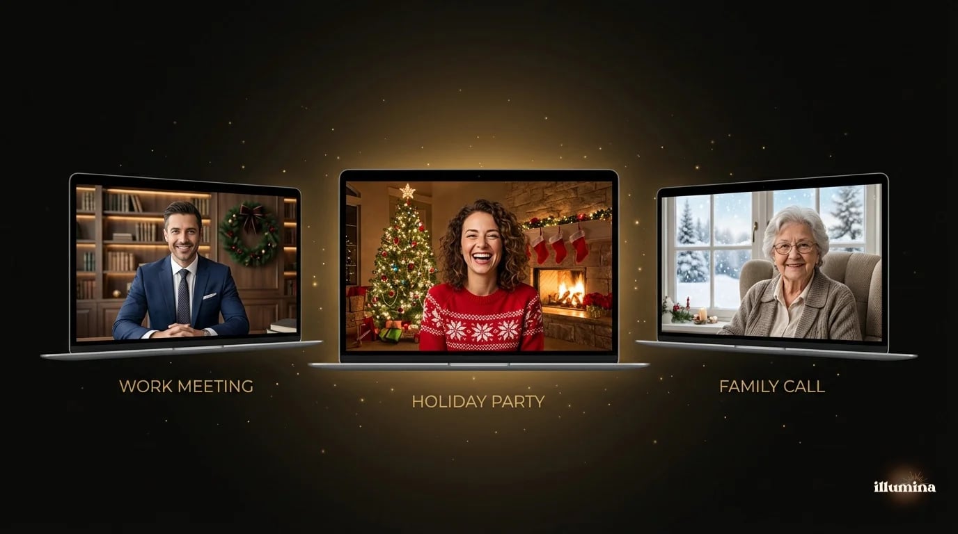 Different Christmas Zoom background options for work meetings, client calls, and holiday parties showing varying levels of festivity