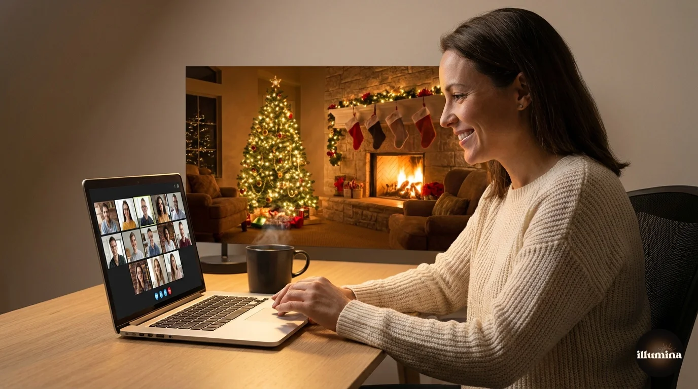 Professional Christmas Zoom virtual background showing a cozy living room with a lit Christmas tree and warm lighting