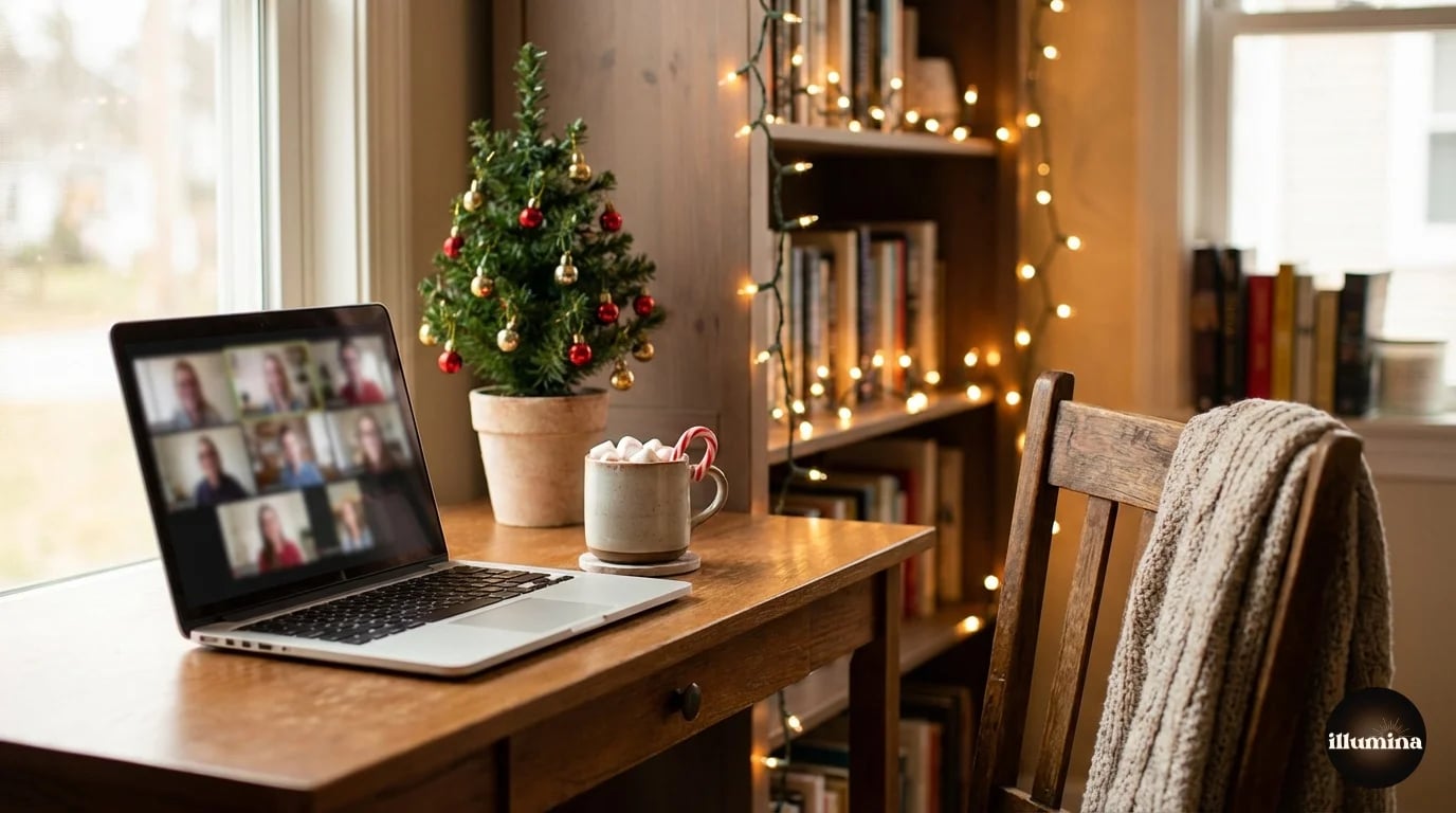 DIY Christmas desk setup with fairy lights and a mini tree creating a festive Zoom background