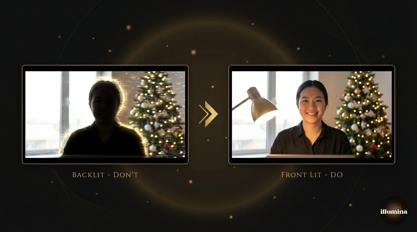 Comparison showing the same person with poor backlighting versus proper front lighting for virtual Zoom backgrounds