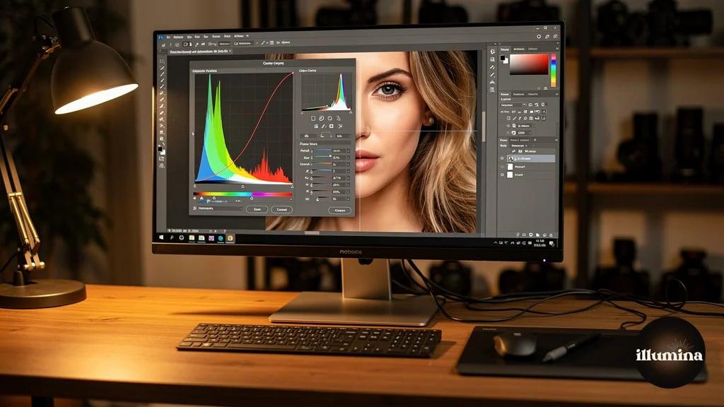 Photoshop color curves adjustment being applied to a portrait composite on a professional editing setup