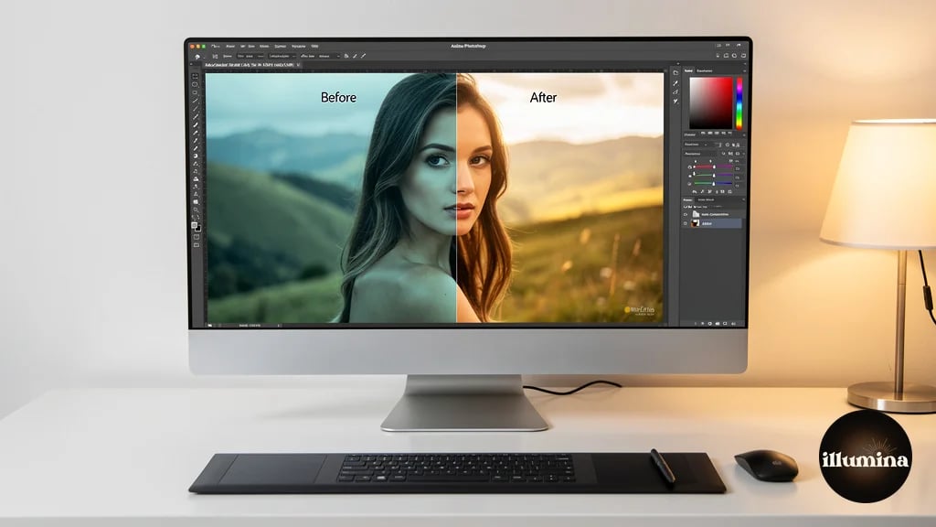 Split screen showing mismatched cool subject on warm backdrop versus correctly color-matched composite