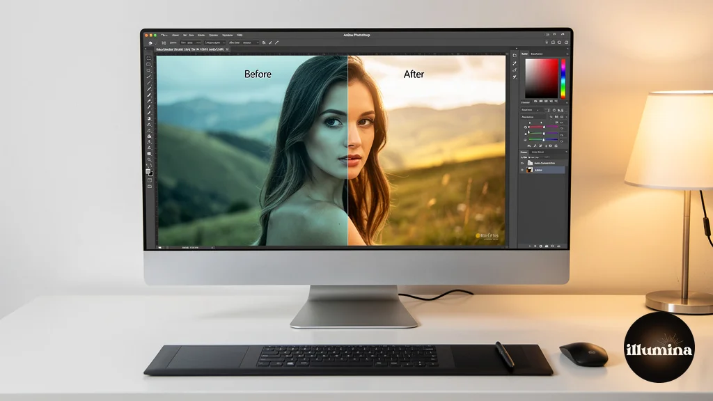 Split screen showing mismatched cool subject on warm backdrop versus correctly color-matched composite