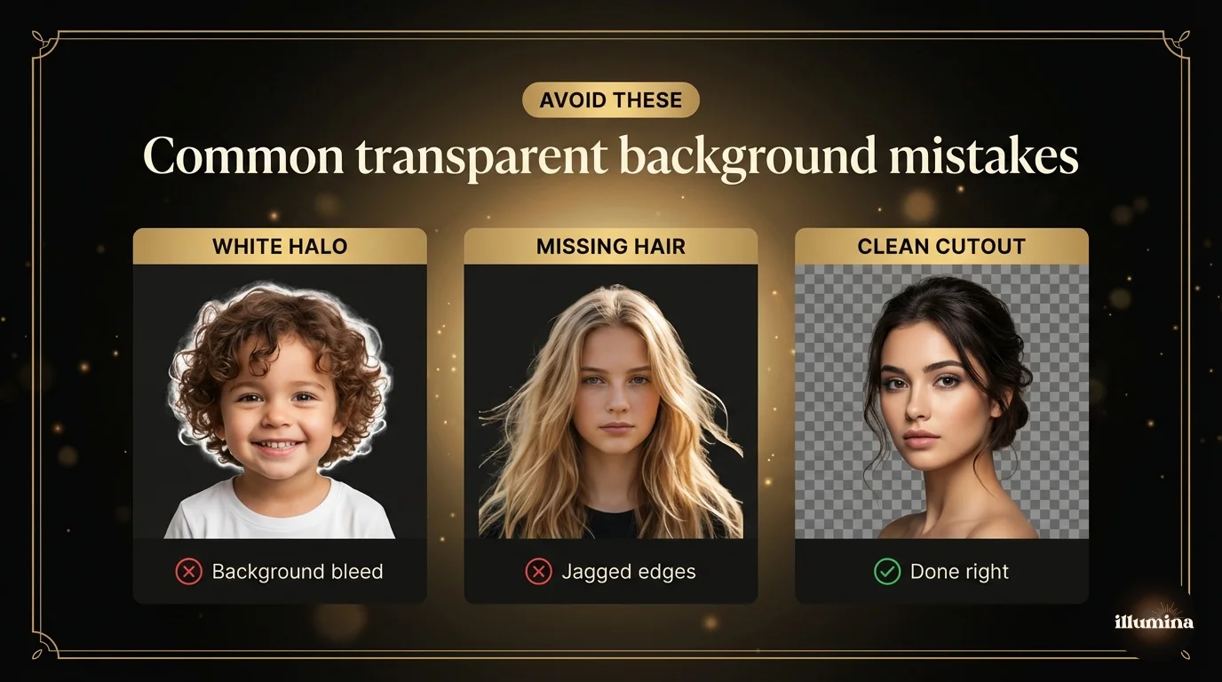 Common transparent background mistakes when removing image backgrounds: white halo edges, missing hair wisps, and a clean professional cutout for comparison