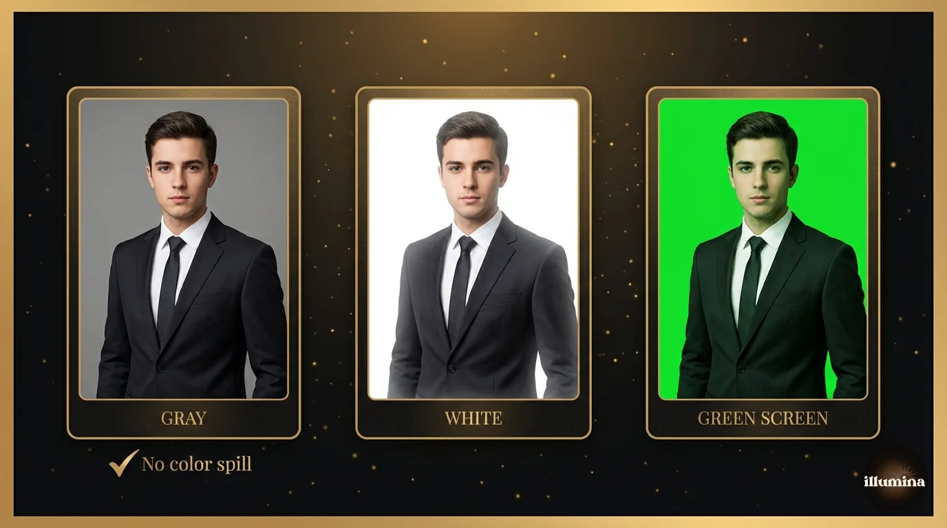 Comparison of gray, white, and green screen backdrops for composite photography showing pros and cons of each