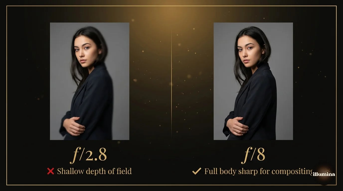 Camera settings comparison showing the difference between f/2.8 shallow depth of field and f/8 sharp composite-ready images