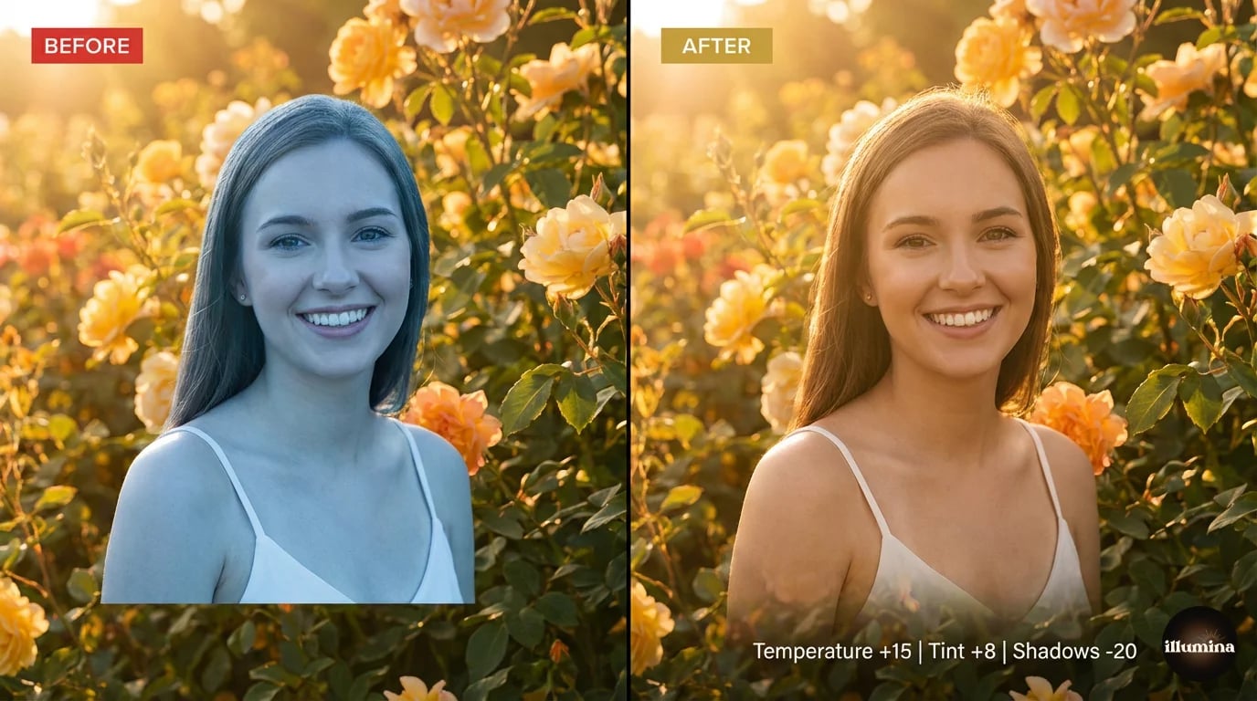 Composite photo before and after color matching showing temperature, tint, and shadow corrections