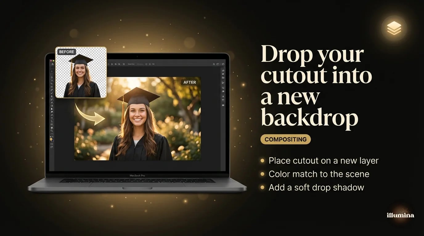 Compositing a transparent PNG portrait cutout onto a new digital backdrop scene in a photo editor