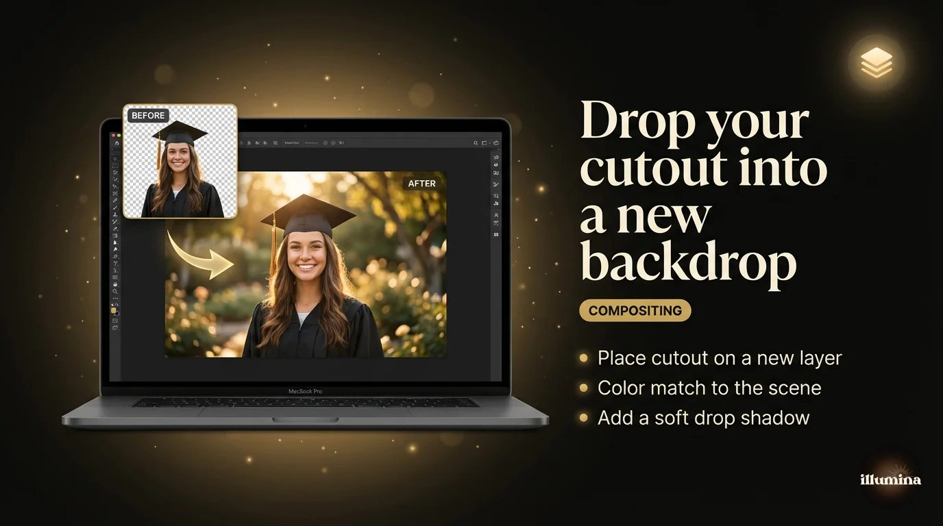 Compositing a transparent PNG portrait cutout onto a new digital backdrop scene in a photo editor