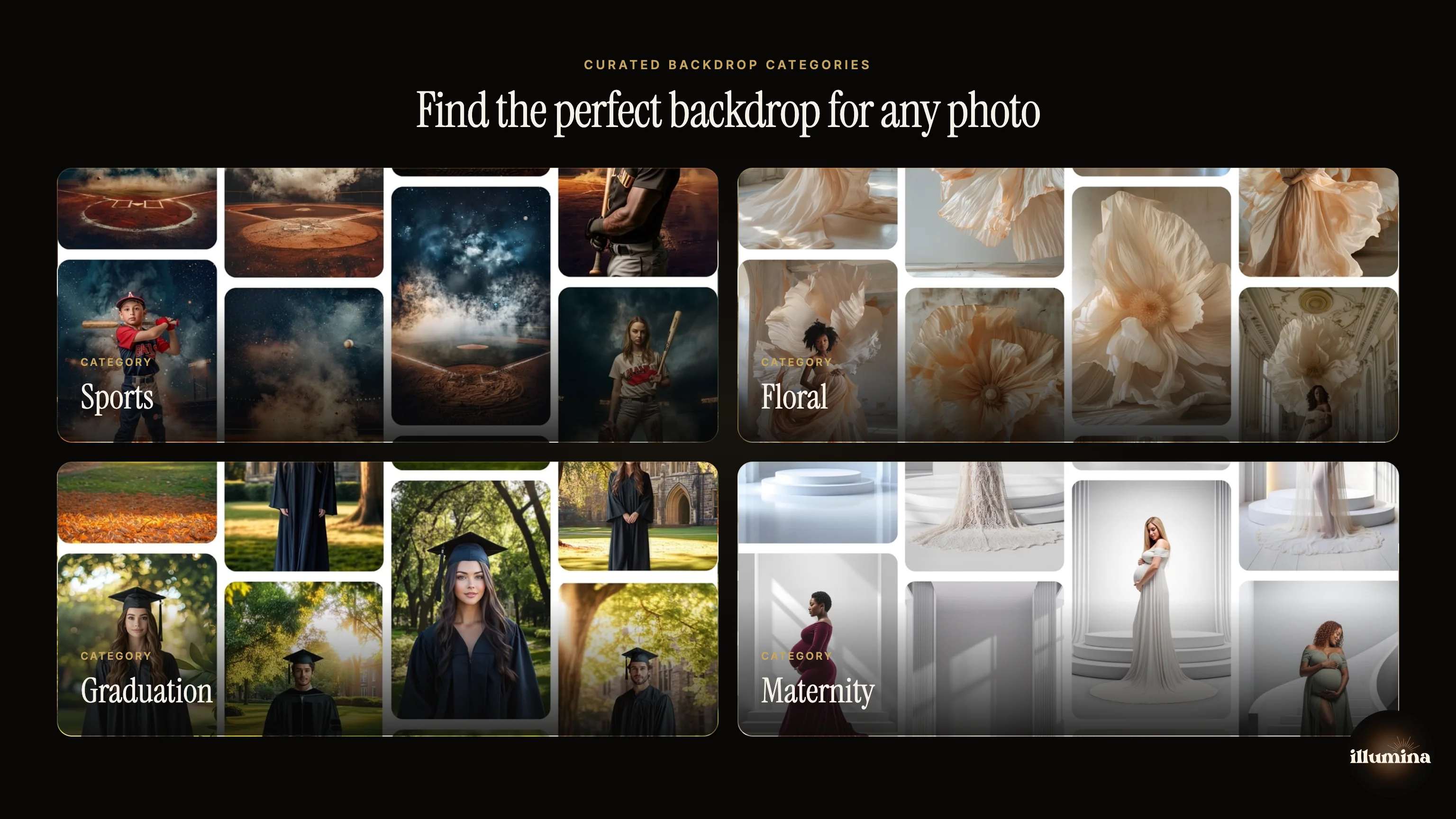 Four categories of digital backdrop packs: sports, floral, graduation, and maternity by Illumina Backdrops