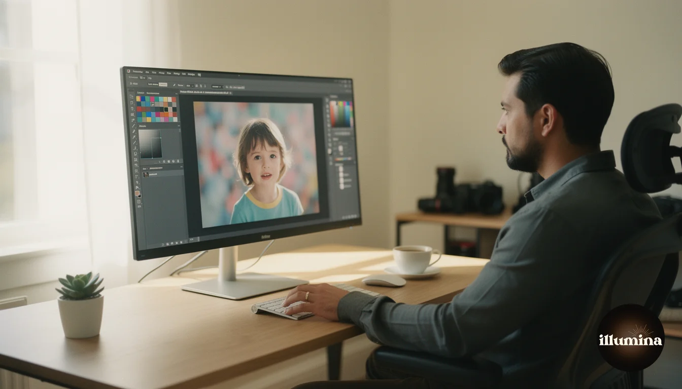 Photographer editing a composite image at a desk with large monitor, coffee, and organized workspace