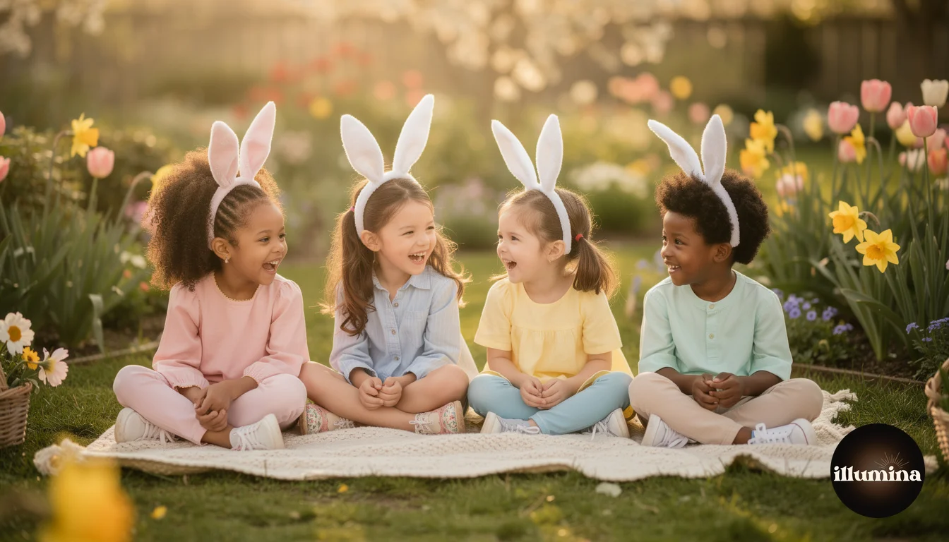 Group of kids wearing bunny ears sitting together on a blanket outdoors with spring flowers, laughing and having fun