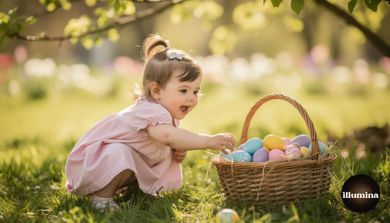 Toddler in a pastel dress discovering colorful Easter eggs in grass with warm natural light
