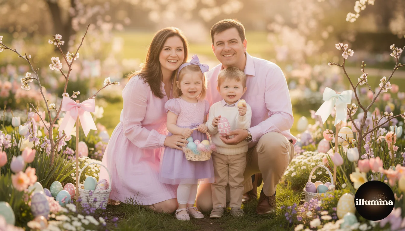 Family in spring outfits posing together in a flower garden with Easter decorations at golden hour