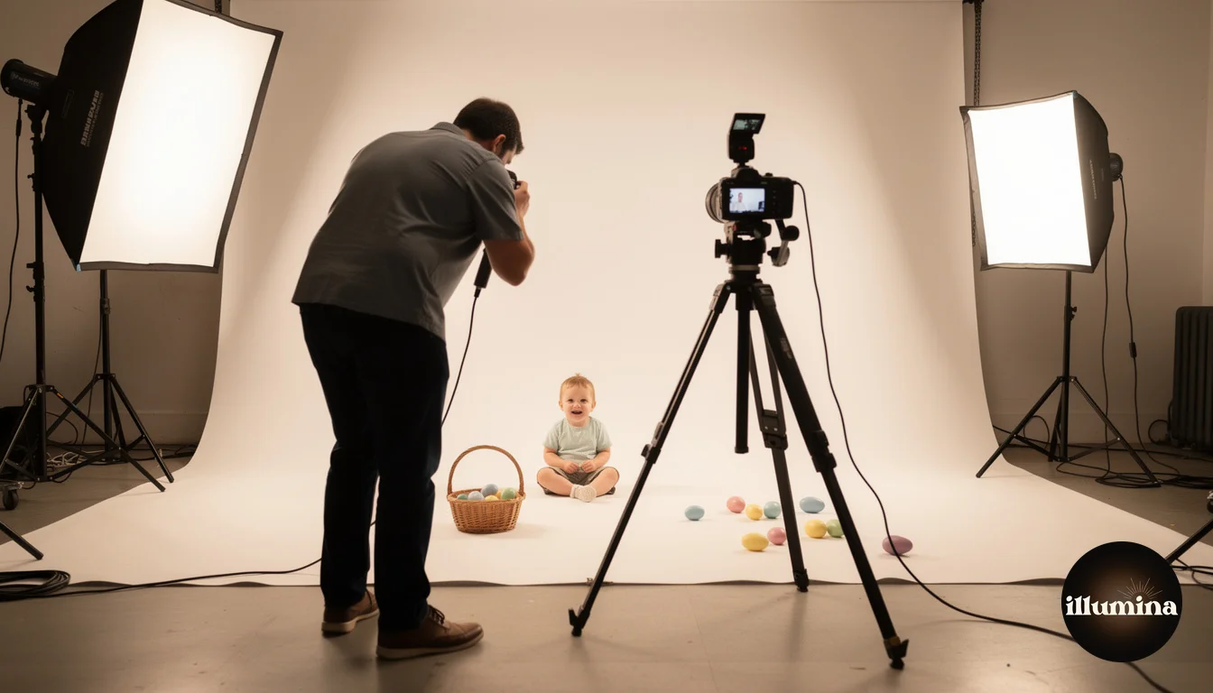 Behind the scenes of a photographer in a studio setting up an Easter photo session with a child
