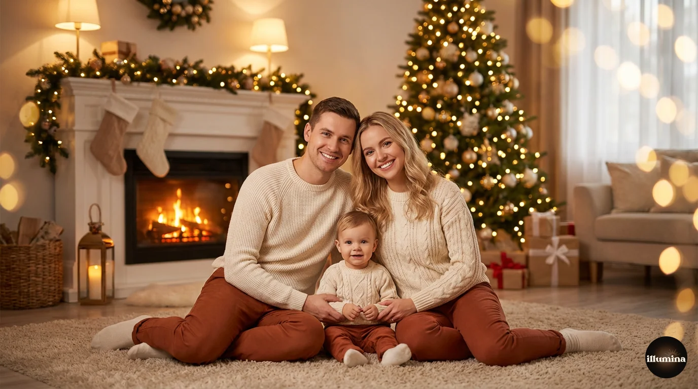 Composite family Christmas photo using a digital backdrop for a festive scene