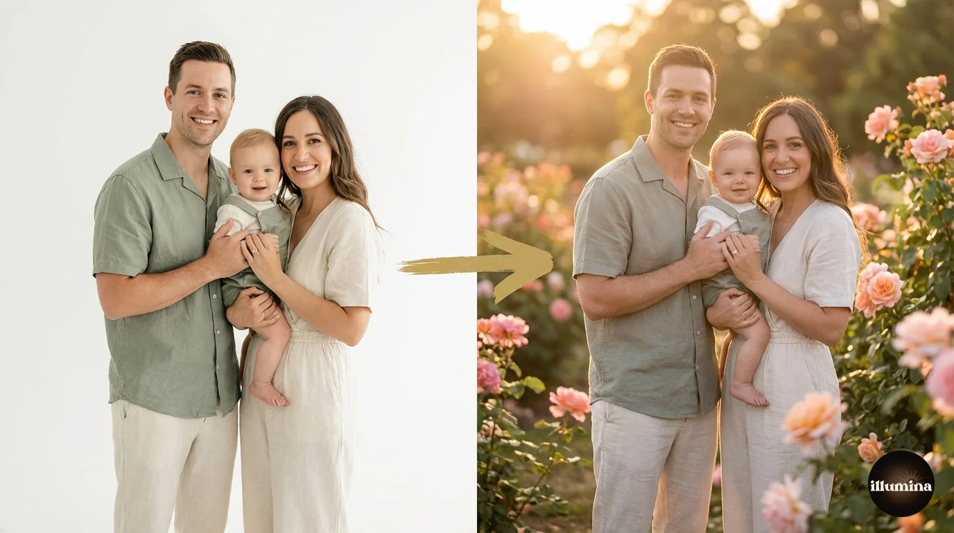 Before and after of a family portrait composited onto a professional digital backdrop with a garden scene