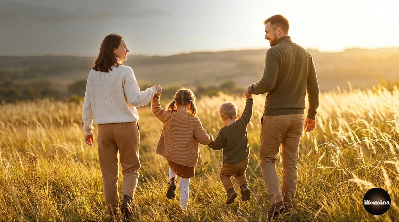 Family of four laughing together during a golden hour portrait session in a park