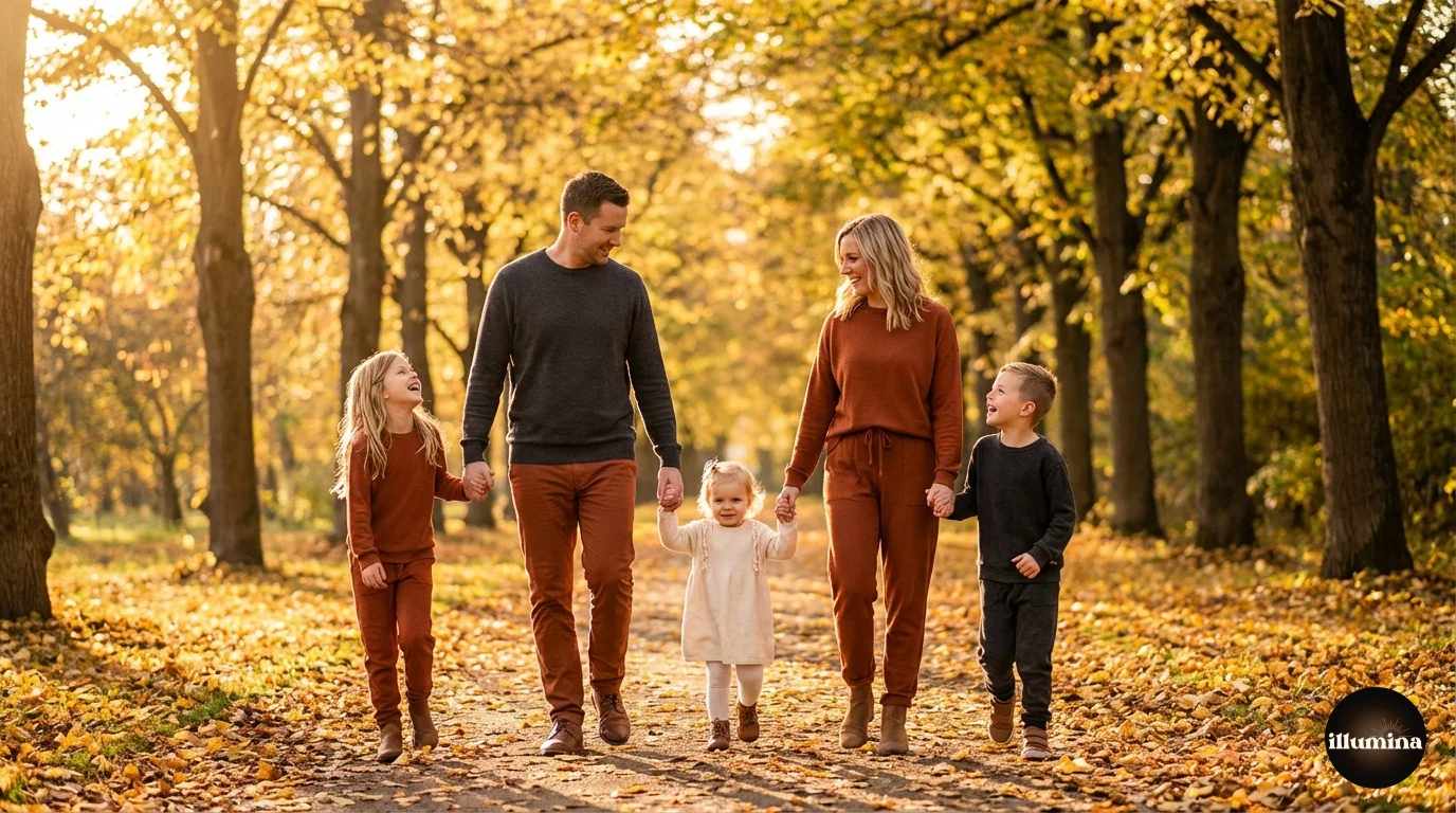Family walking hand in hand along a tree-lined path at golden hour in autumn