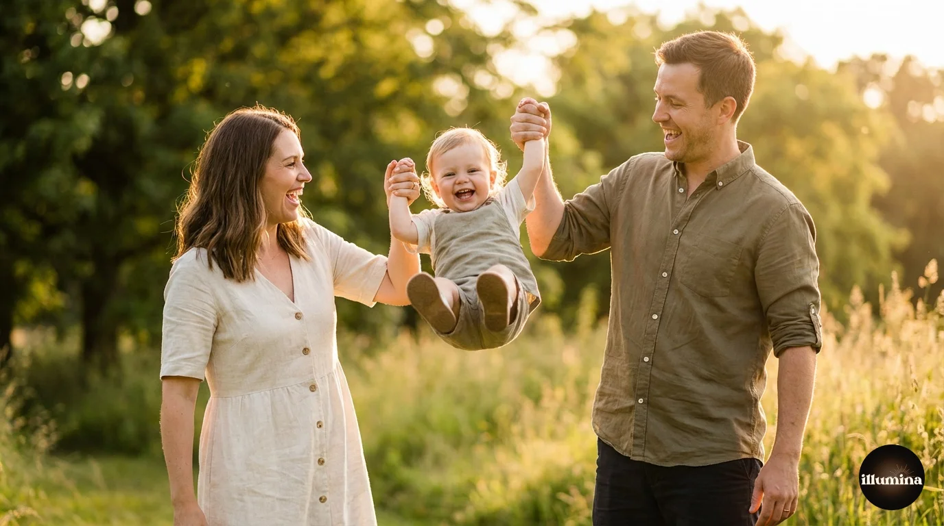 Parents lifting their toddler between them while laughing during a family photo session