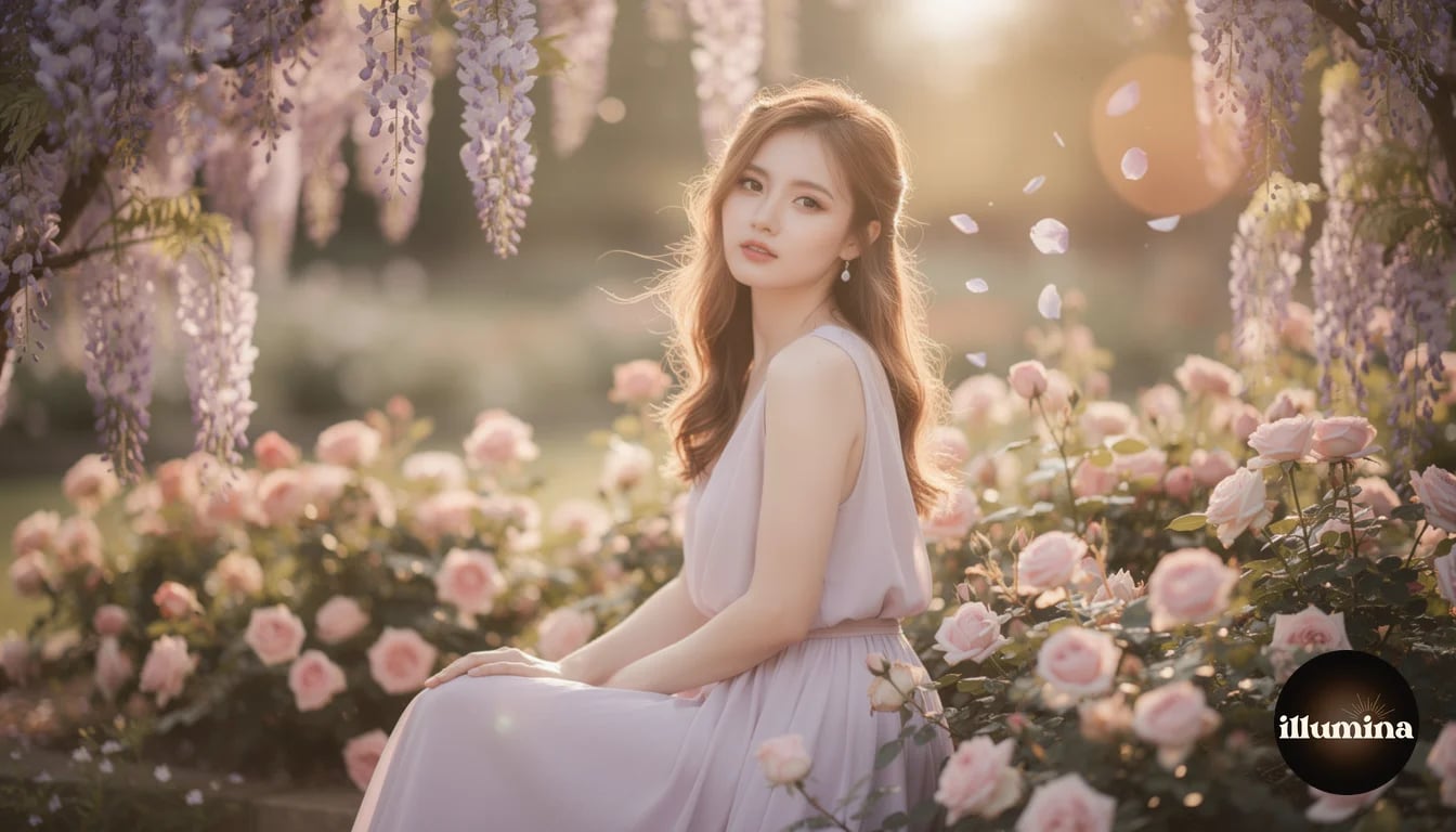 Portrait of a young woman among cascading wisteria flowers and pink roses with dreamy golden hour light