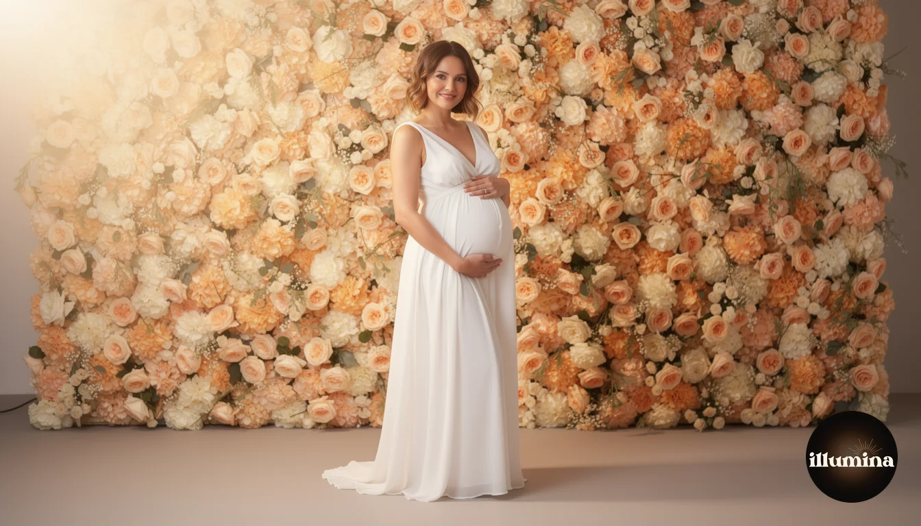 Pregnant woman in flowing white dress standing in front of a lush floral wall of peach and cream roses