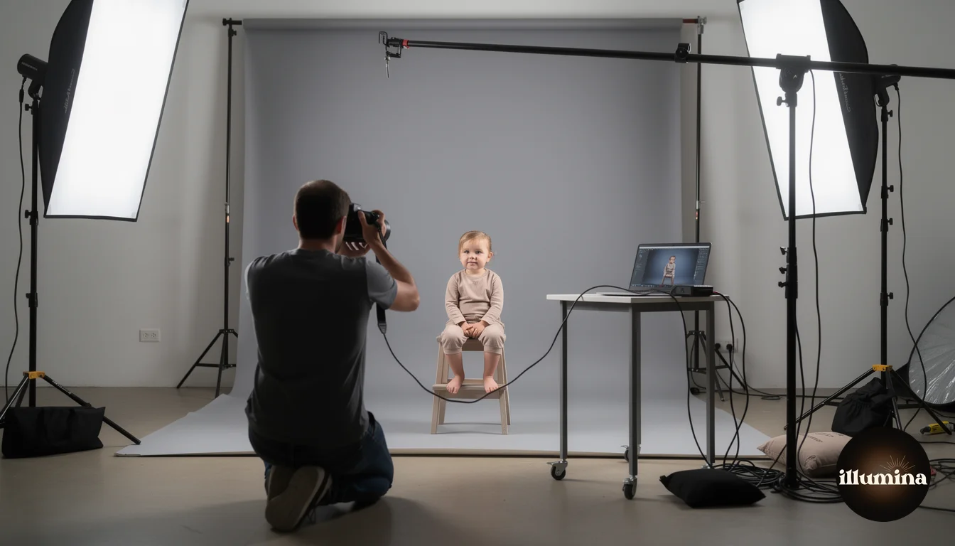 Behind the scenes of a photographer in a studio photographing a toddler against a gray backdrop