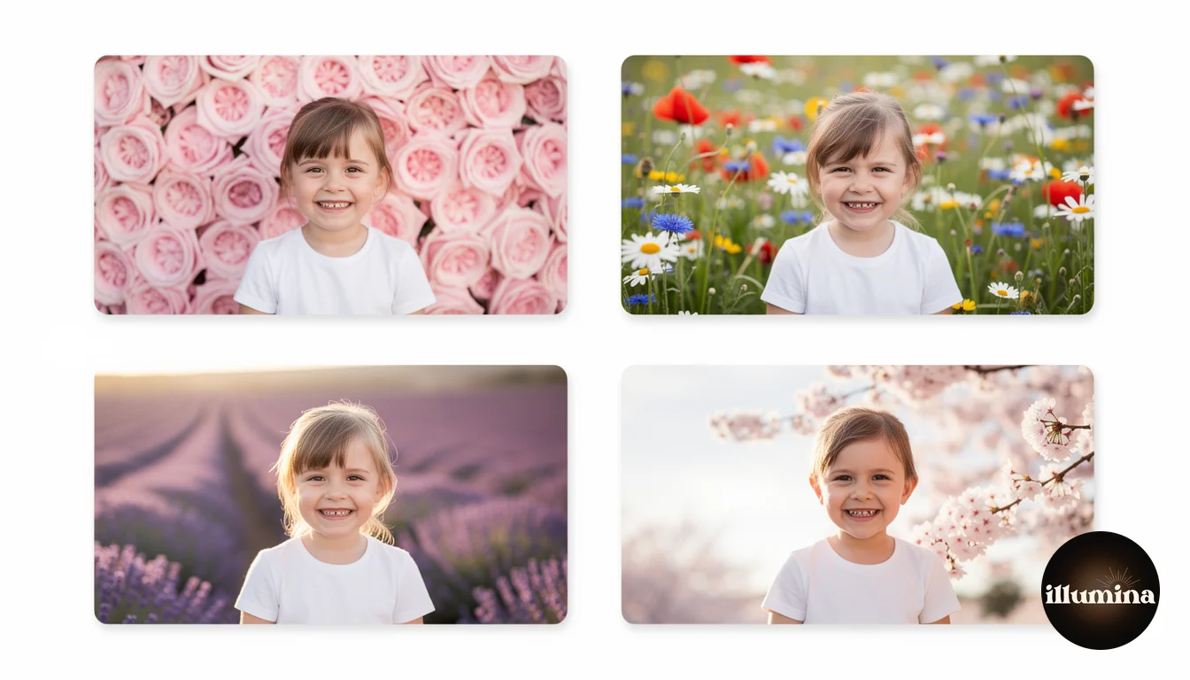 Grid of four portraits showing the same child on different floral backdrops demonstrating variety