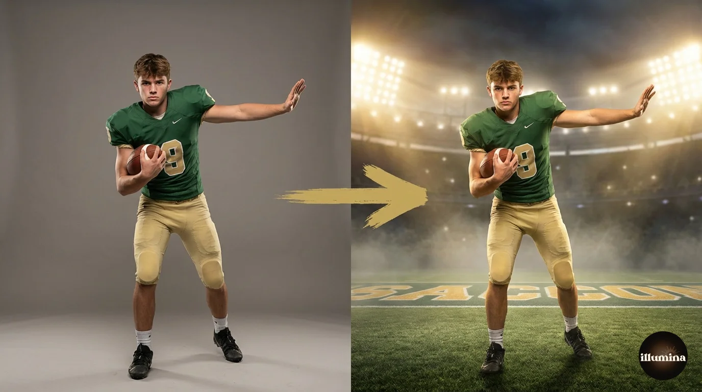Before and after of a football player composited from a gym portrait onto a dramatic stadium digital backdrop with lights and fog