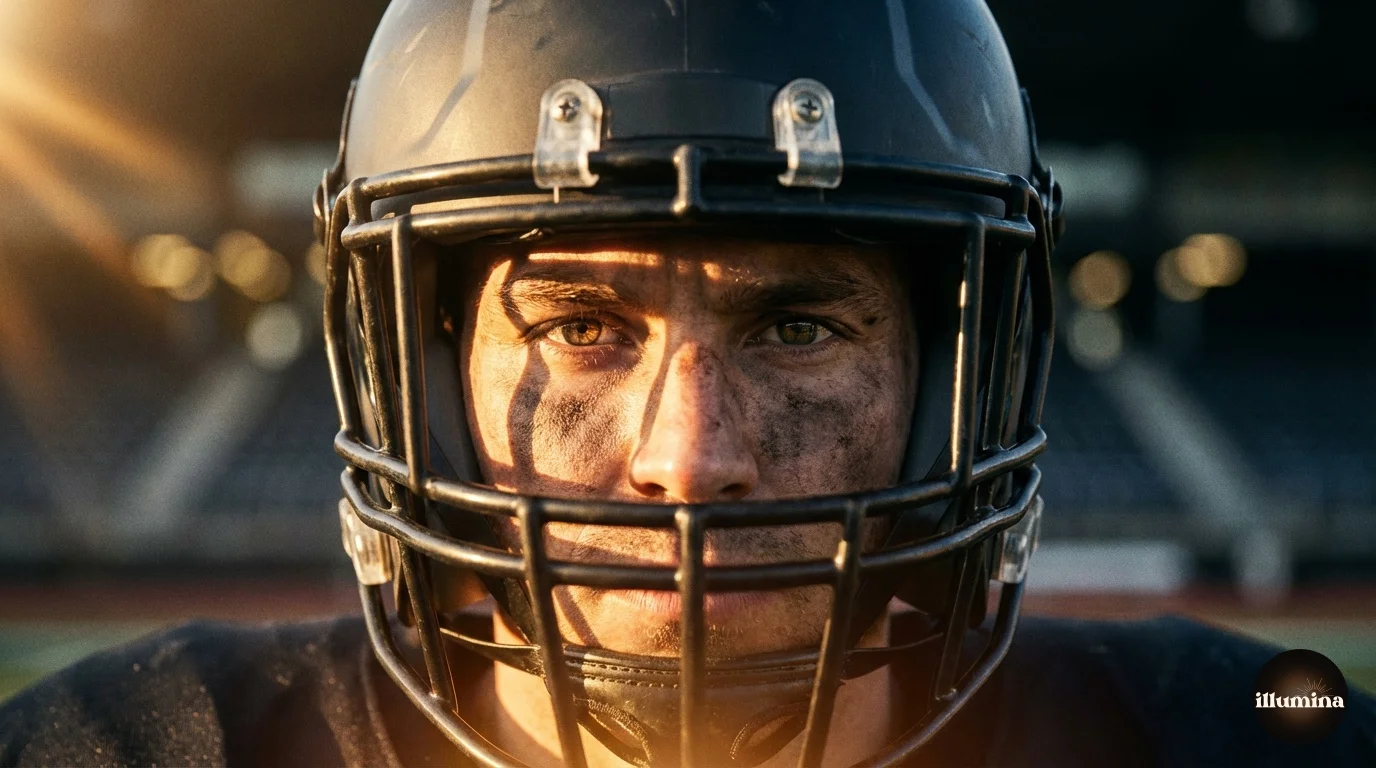 Close-up football portrait showing proper lighting technique to illuminate the face inside a helmet with face mask