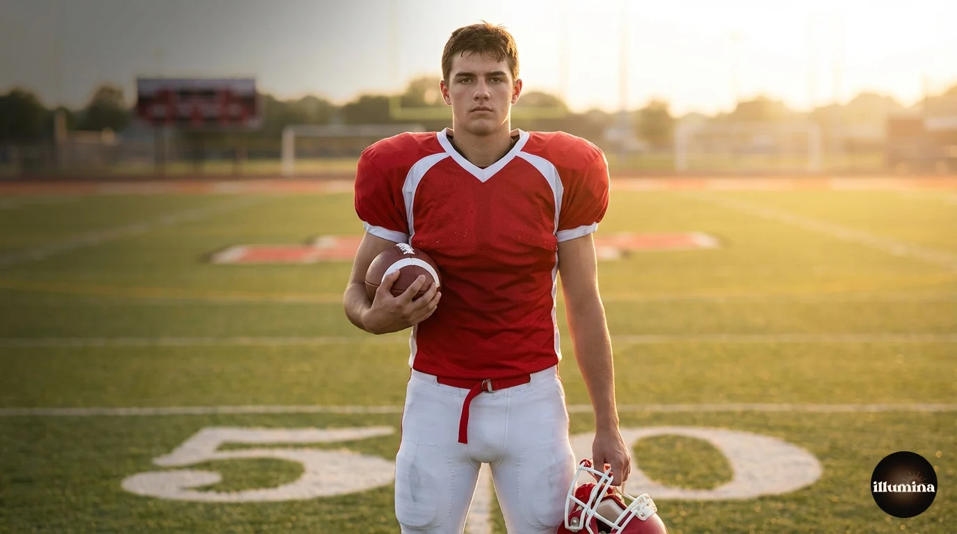 Football player in full uniform holding helmet at golden hour on a football field