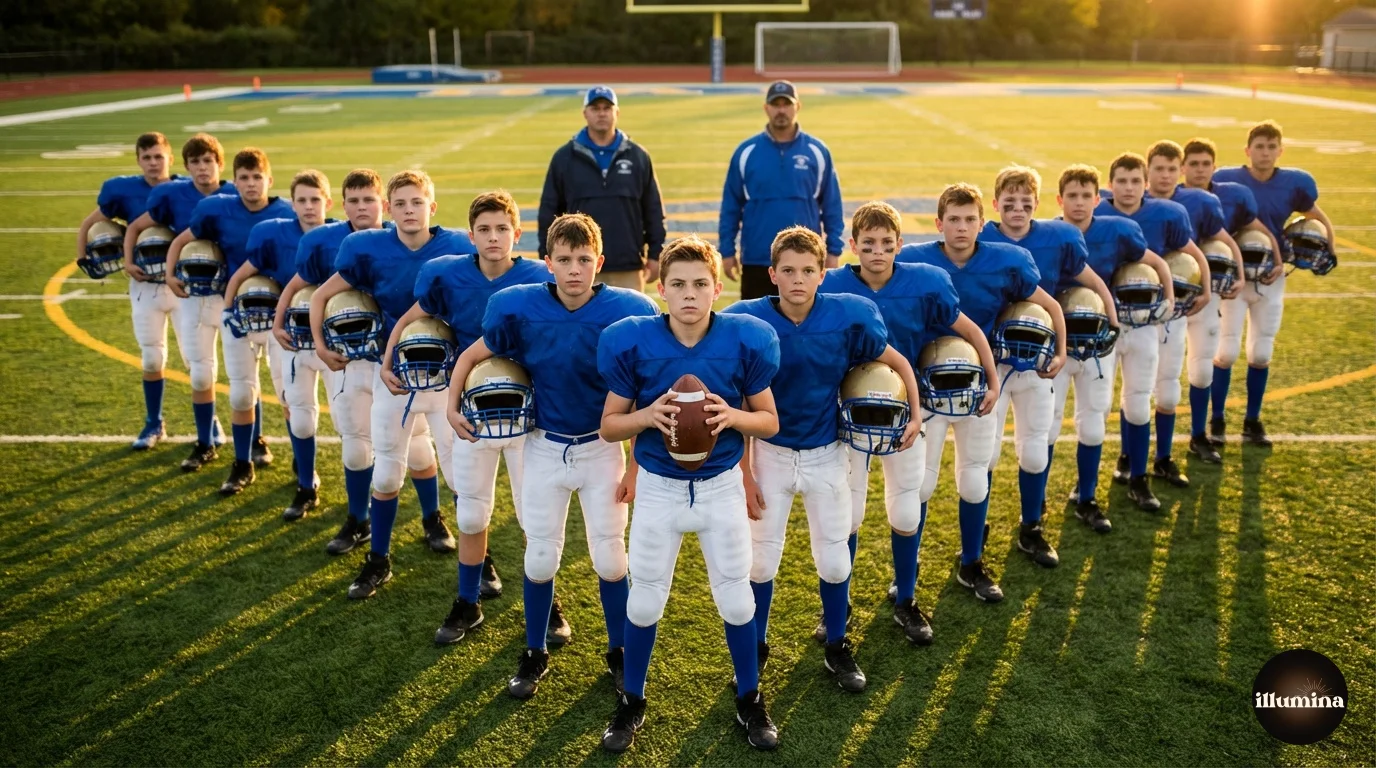 Youth football team posed on the 50 yard line at golden hour with helmets and equipment