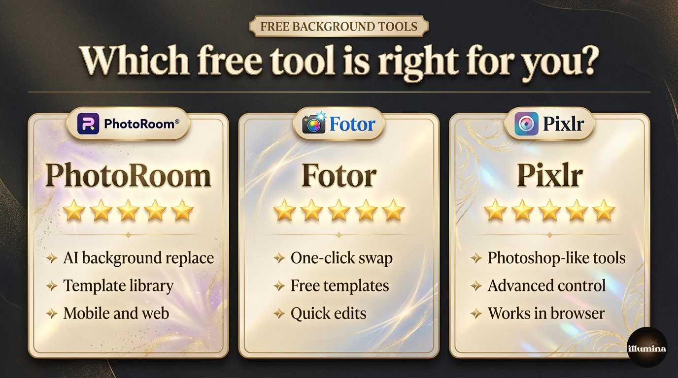 Free online tools to change a photo background: PhotoRoom, Fotor, and Pixlr compared