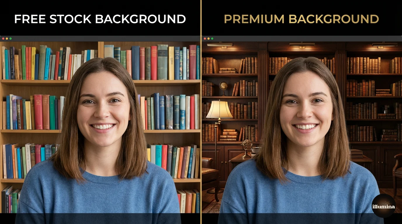 Free vs premium virtual background library comparison showing quality differences