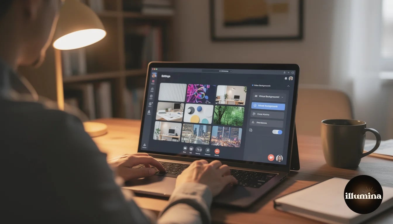 Over-the-shoulder view of laptop showing video meeting background selection options as thumbnails