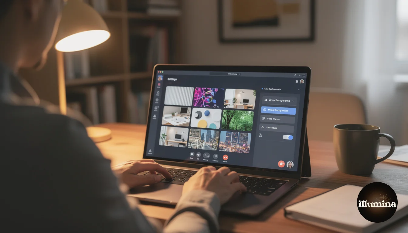 Over-the-shoulder view of laptop showing video meeting background selection options as thumbnails