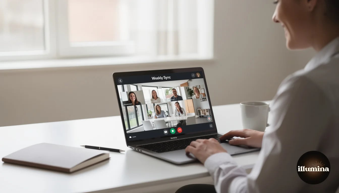 Professional woman on a Google Meet video call with a beautiful virtual office background