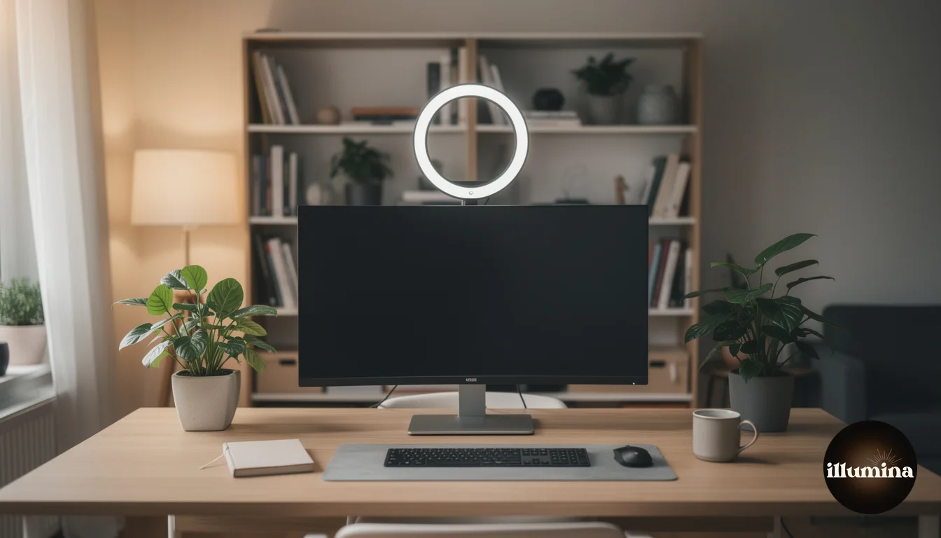 Tidy home office optimized for video calls with ring light, bookshelf, plants, and warm lighting
