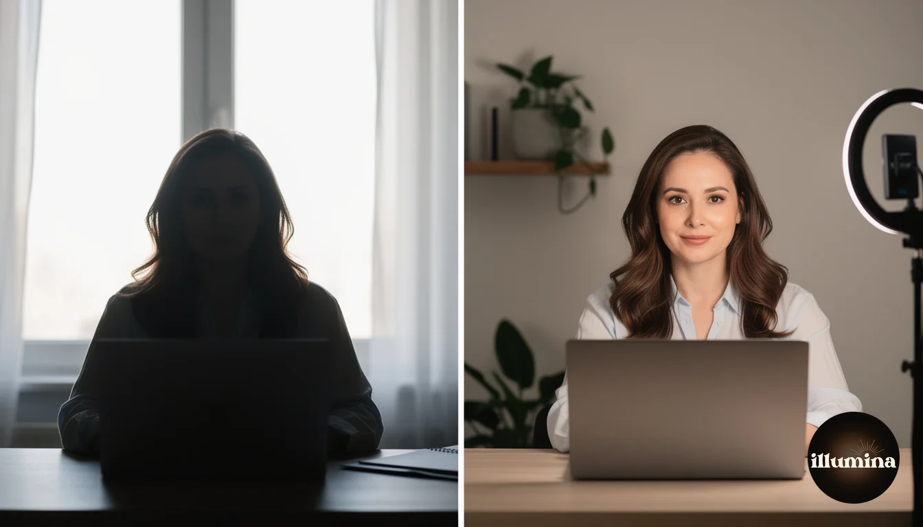 Comparison of poor backlighting versus proper front lighting for video calls