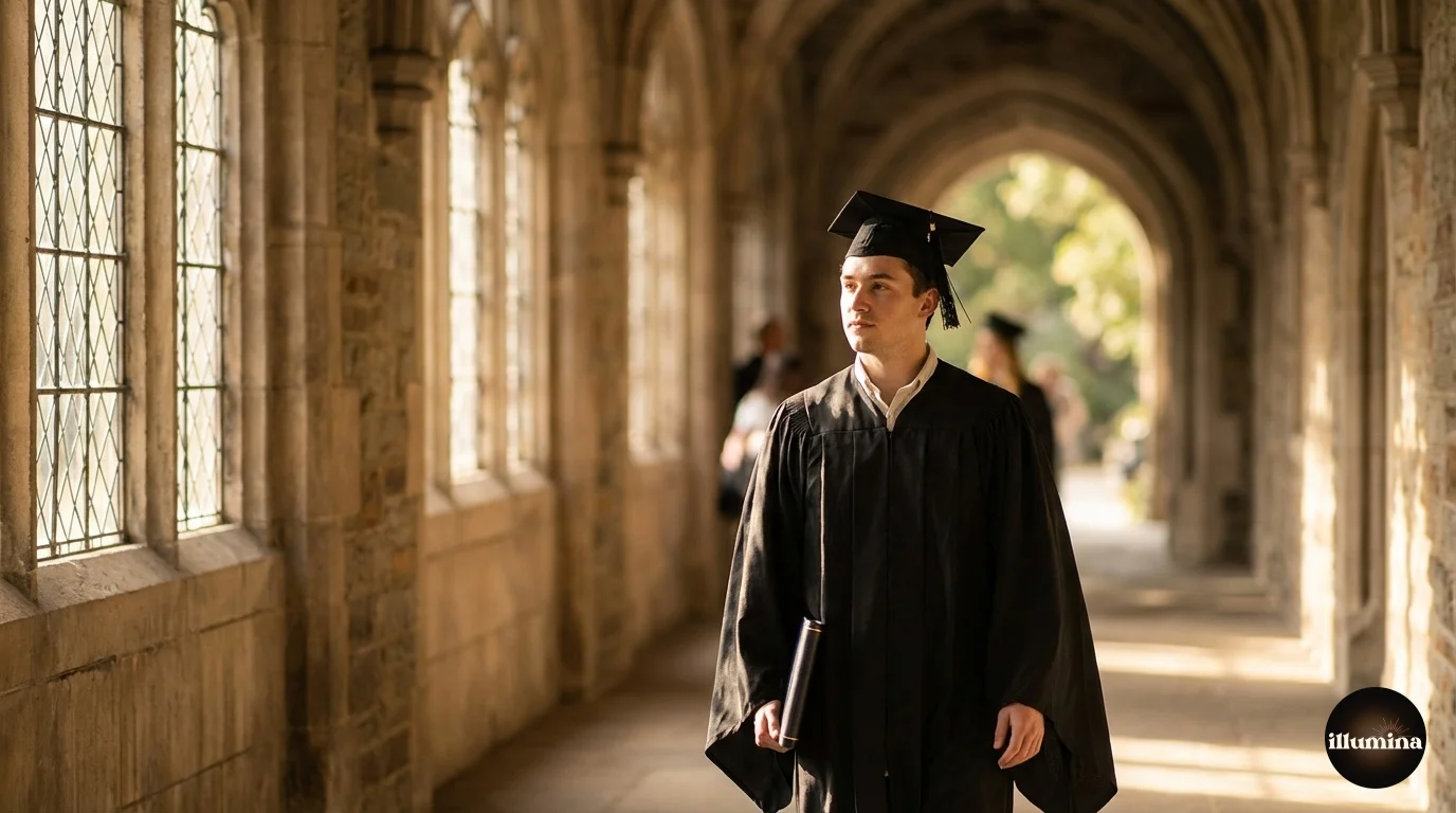College graduate posing in front of a historic university building with columns and ivy