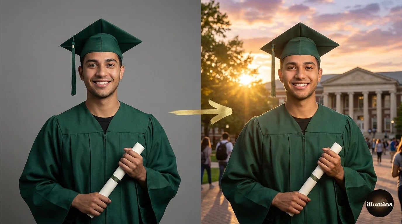 Before and after of a graduation portrait composited onto a professional digital backdrop scene
