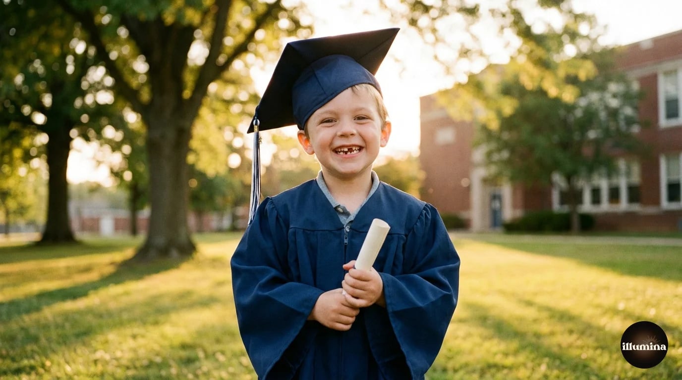 Kindergarten boy in a tiny cap and gown smiling for his graduation portrait