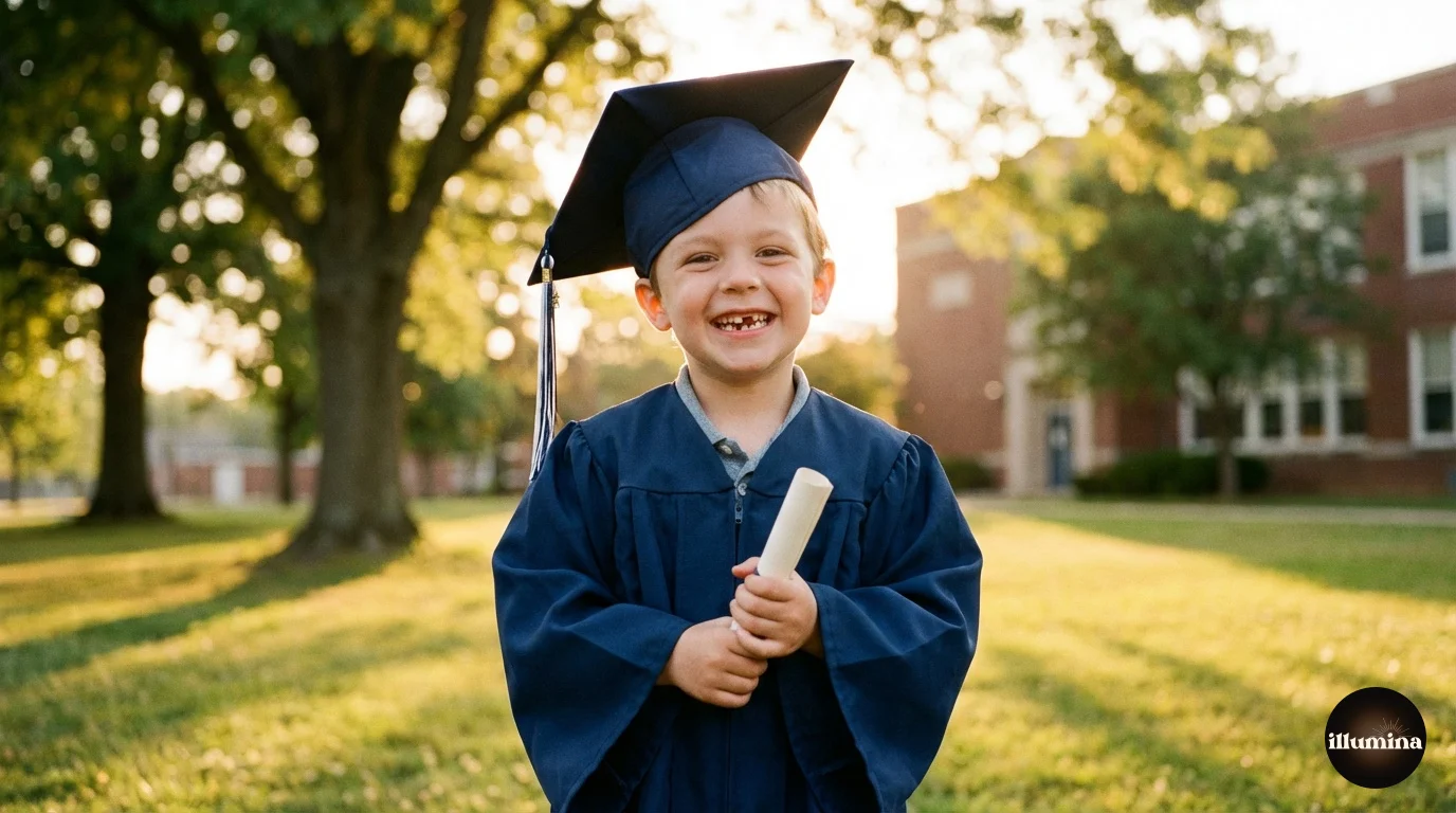 Kindergarten boy in a tiny cap and gown smiling for his graduation portrait
