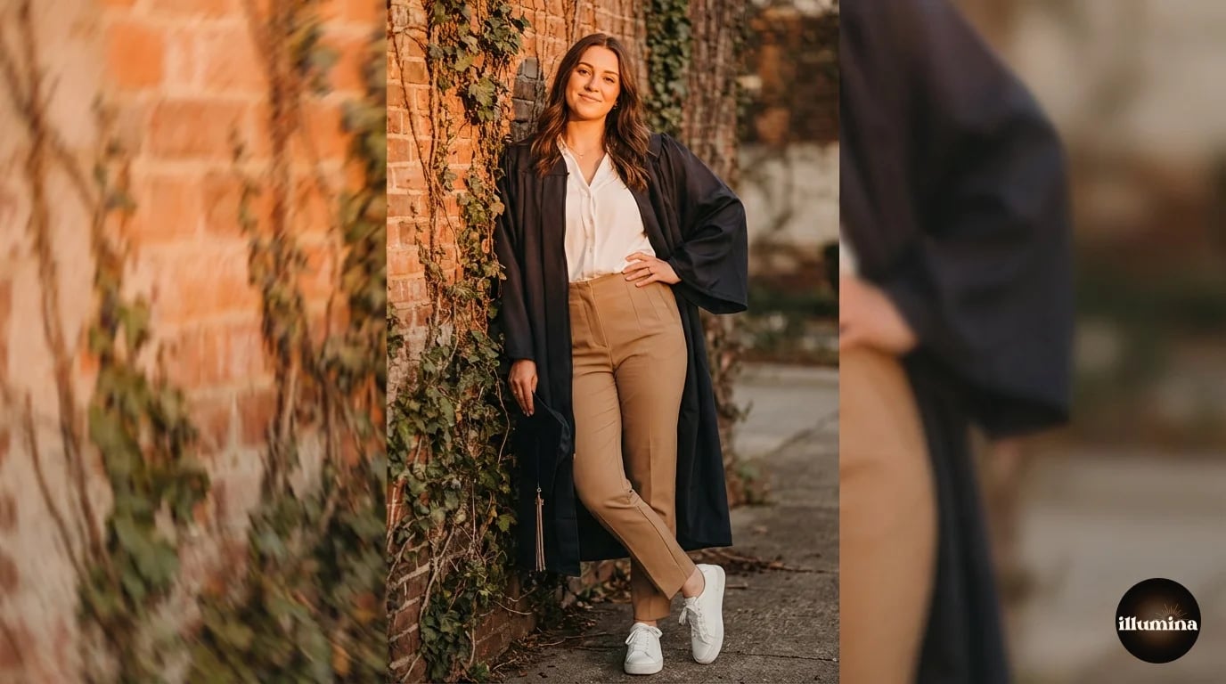 Graduate showing outfit options to wear under a graduation gown for photos