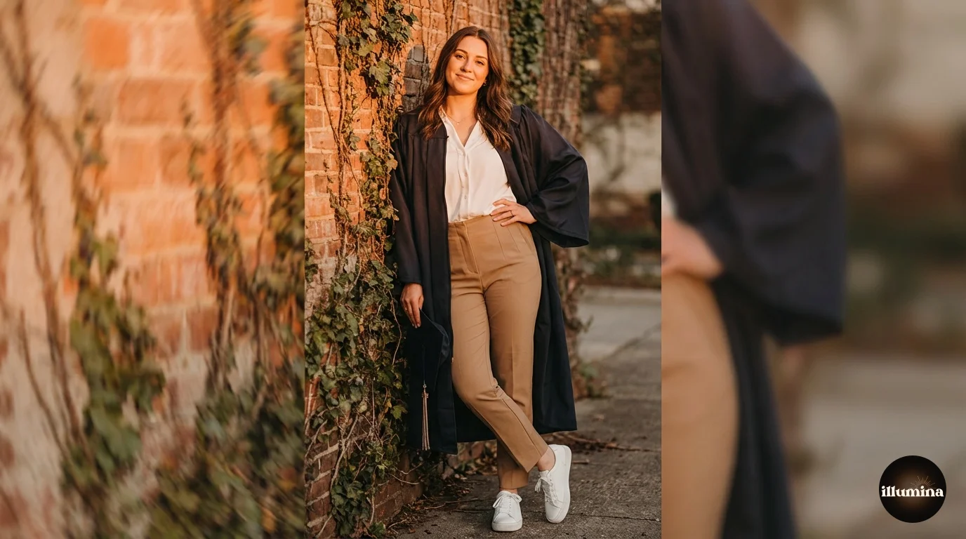 Graduate showing outfit options to wear under a graduation gown for photos