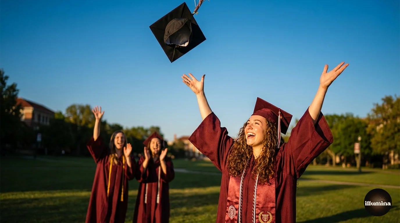 Graduation portrait poses showing a graduate looking back over their shoulder, holding cap in air, and sitting on steps