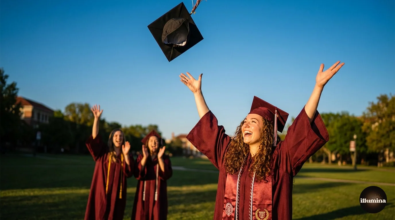 Graduation portrait poses showing a graduate looking back over their shoulder, holding cap in air, and sitting on steps