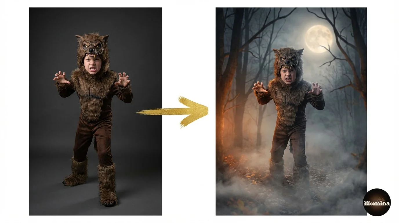 Before and after of a child in a werewolf costume composited onto a spooky misty forest digital backdrop with a full moon