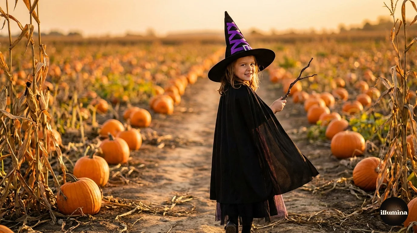 Child in a witch costume walking through a pumpkin patch at golden hour with autumn colors