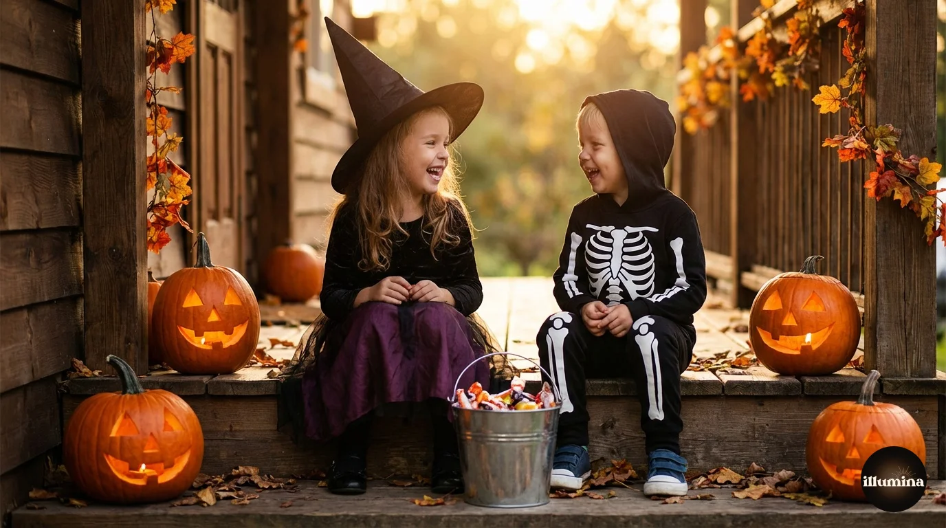 Two kids in Halloween costumes posing with jack-o-lanterns at golden hour in an autumn setting